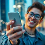 Excited individual showcasing their new iPhone in a vibrant urban setting, encouraging you to buy iPhone.