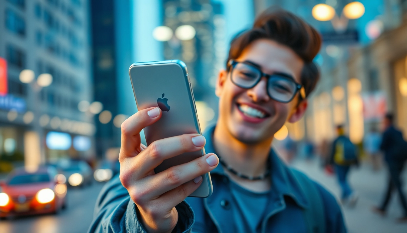 Excited individual showcasing their new iPhone in a vibrant urban setting, encouraging you to buy iPhone.
