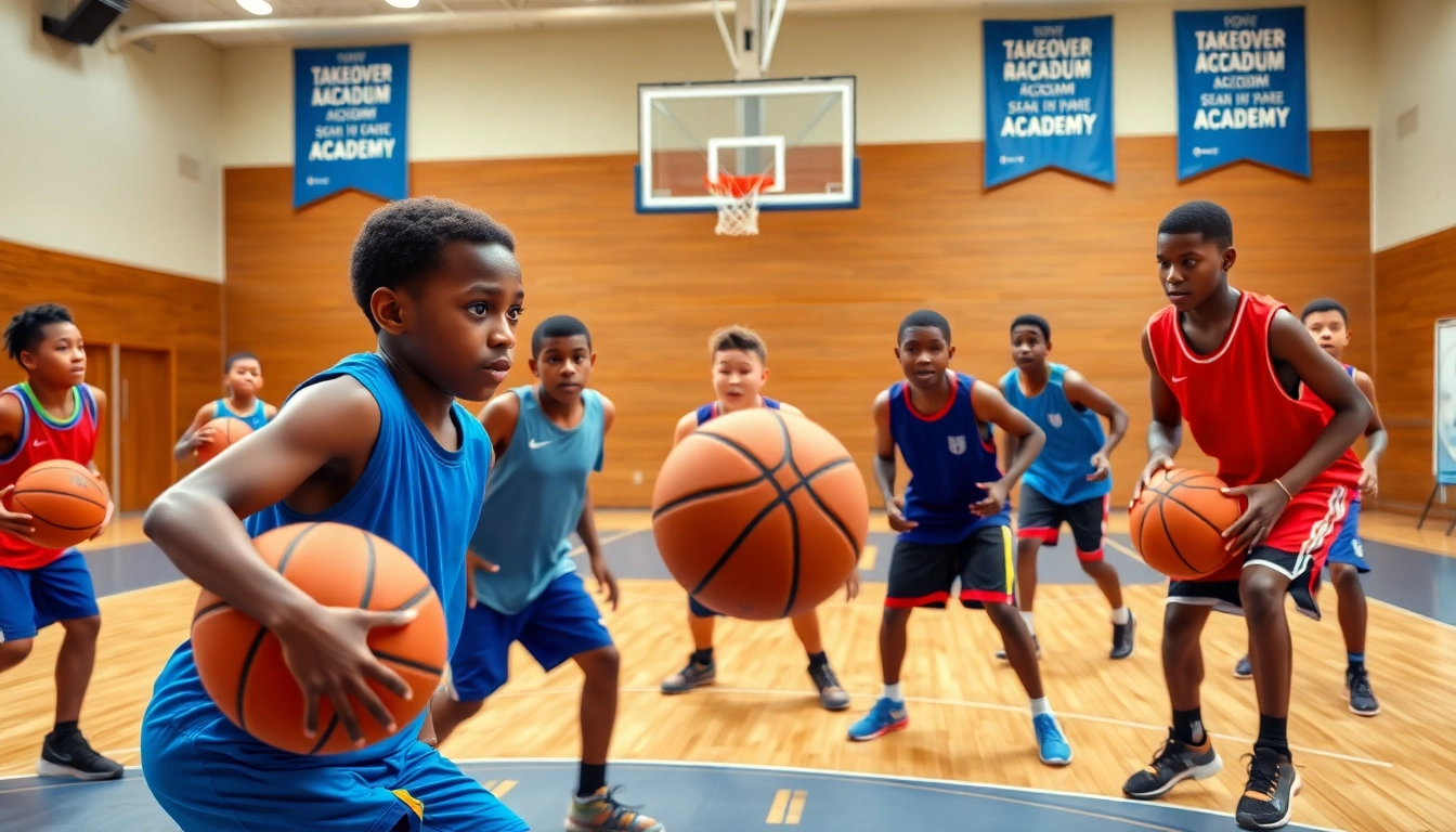 Youth players training at Takeover Basketball Academy, demonstrating teamwork and energy.