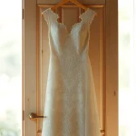 Lace wedding dresses beautifully displayed against a vintage wooden door, evoking romance and elegance.