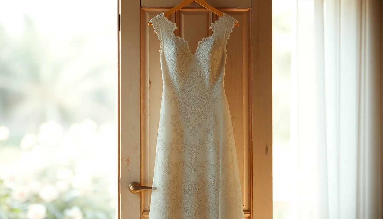 Lace wedding dresses beautifully displayed against a vintage wooden door, evoking romance and elegance.