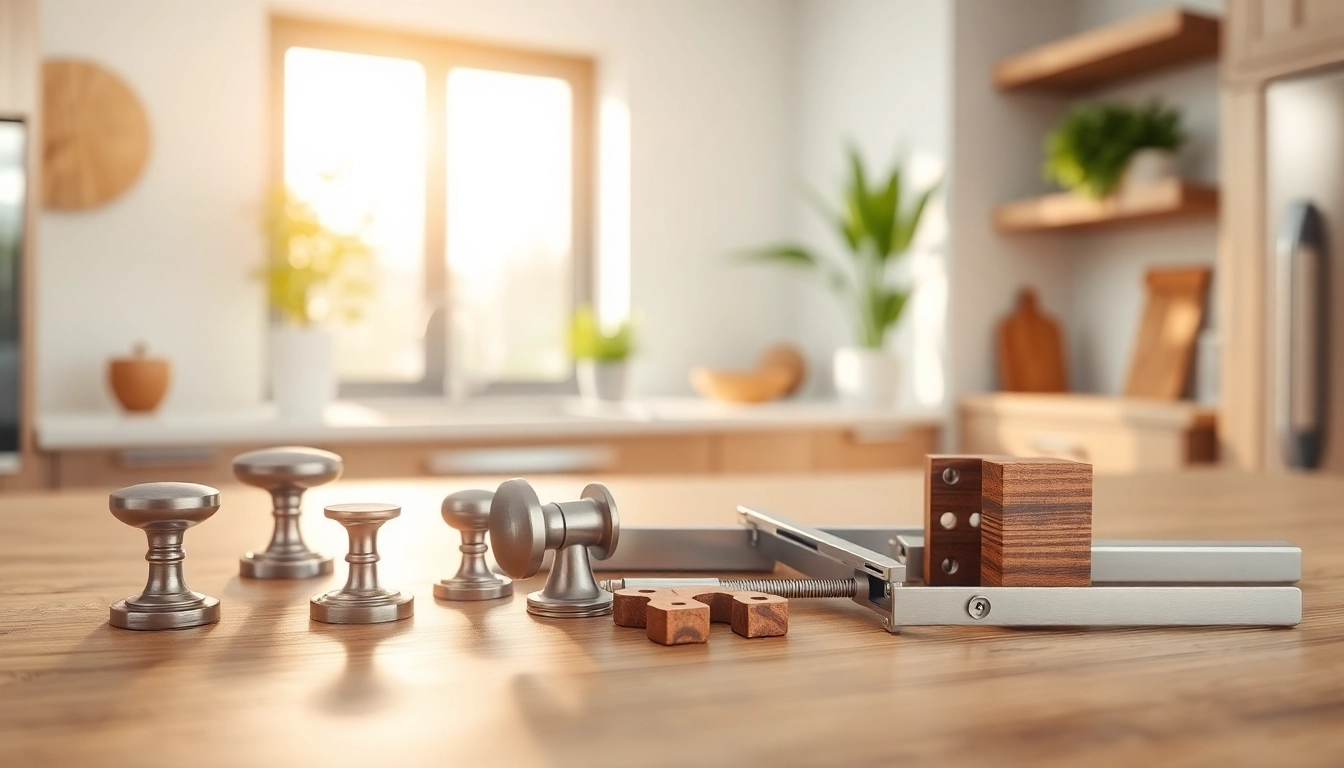 Showcase of furniture hardware manufacturers' premium knobs and hinges on a wooden surface.
