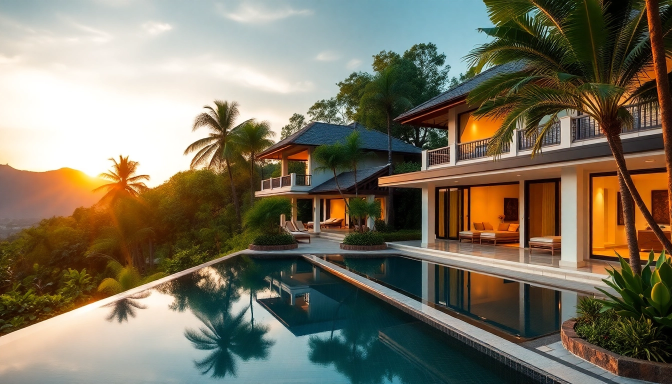 Showcase real estate Phuket luxury villa nestled in lush greenery against a vibrant sunset backdrop.