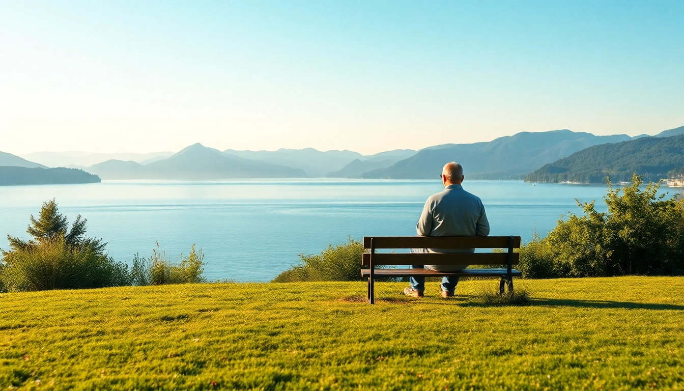 A person dealing with grief sits by a tranquil lake, reflecting in a serene natural landscape.