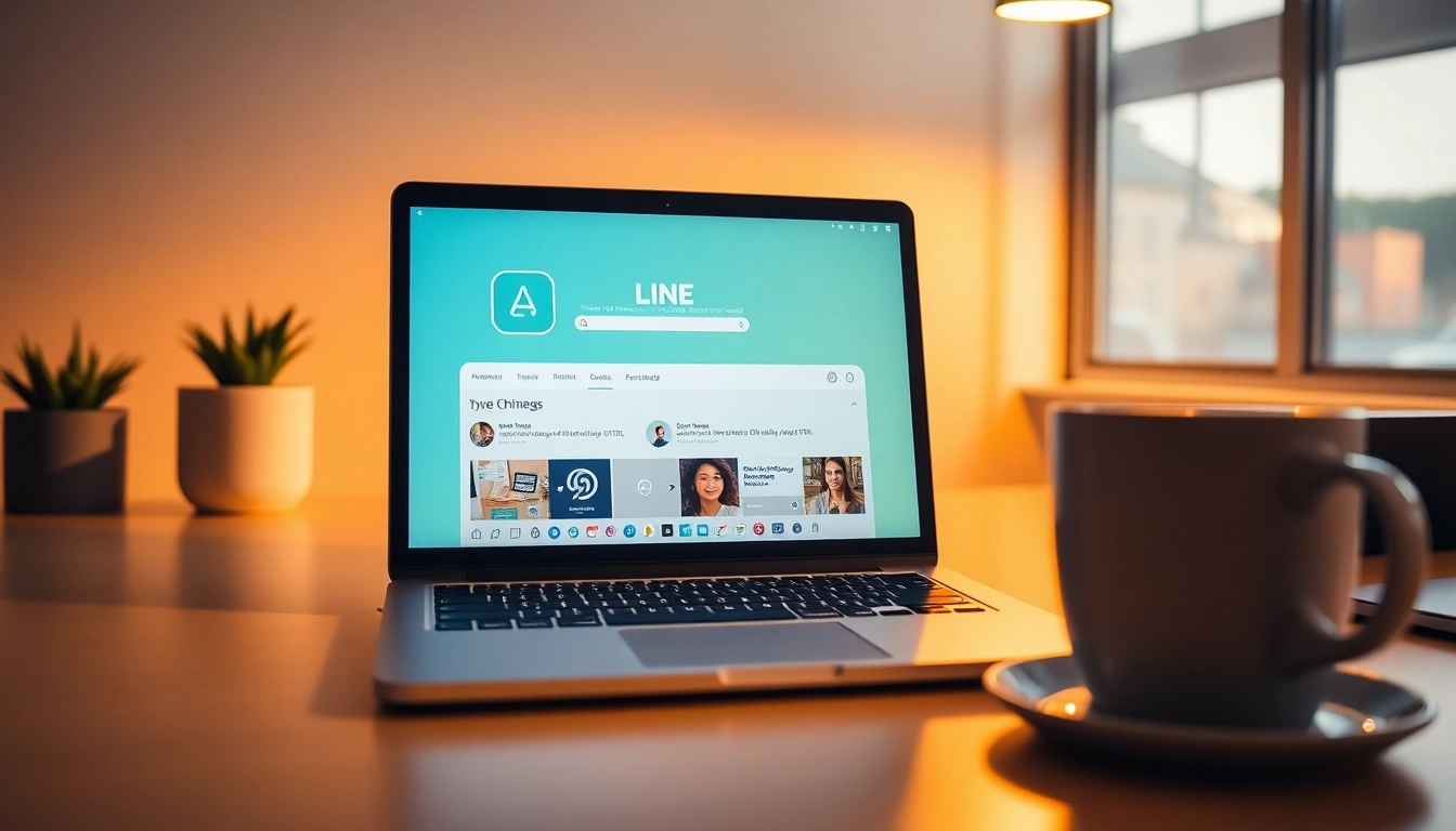 Download line電腦版下載 on a sleek laptop in a modern workspace.