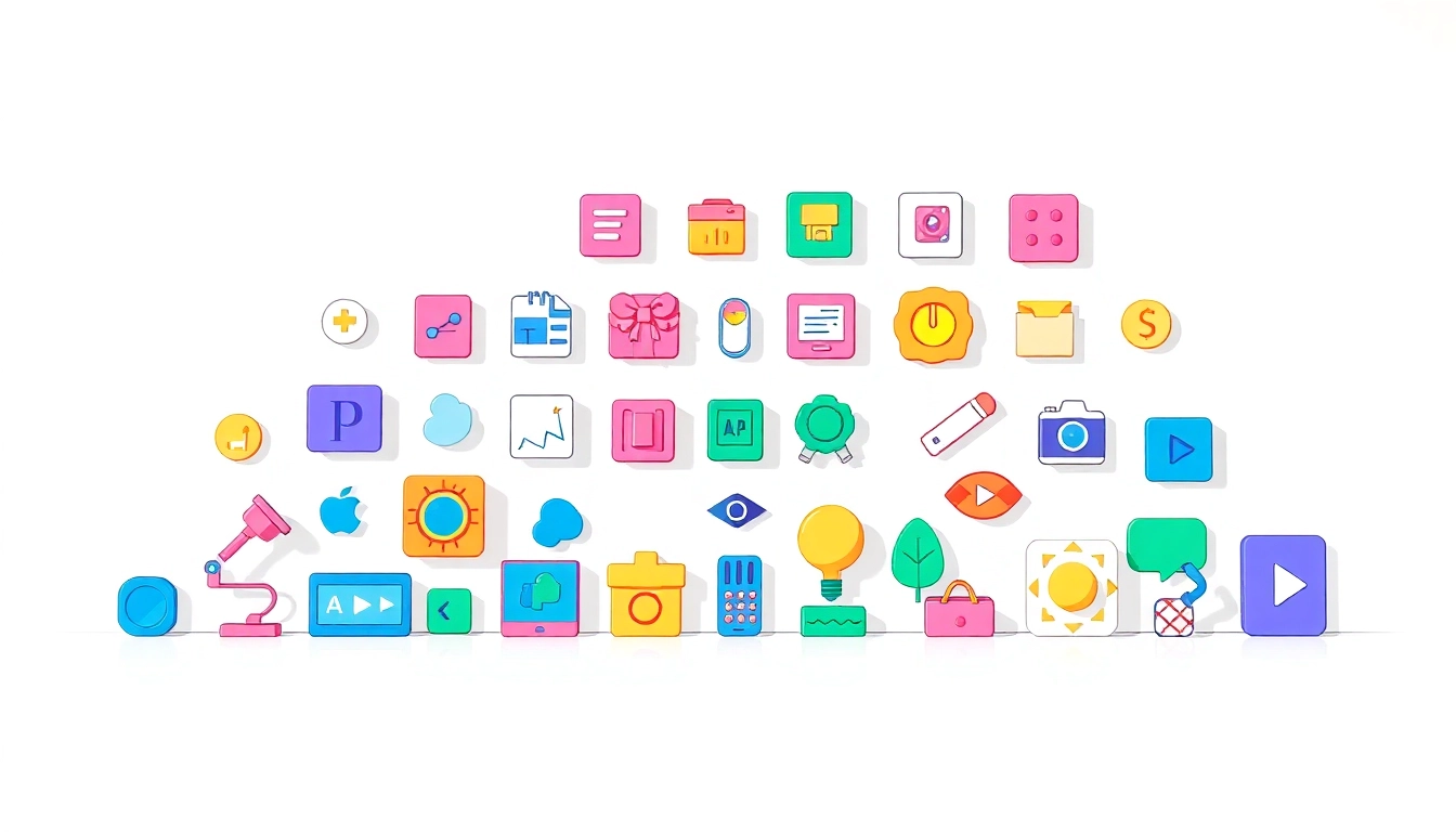 Explore creative icons featuring colorful designs and themes in a vibrant arrangement.