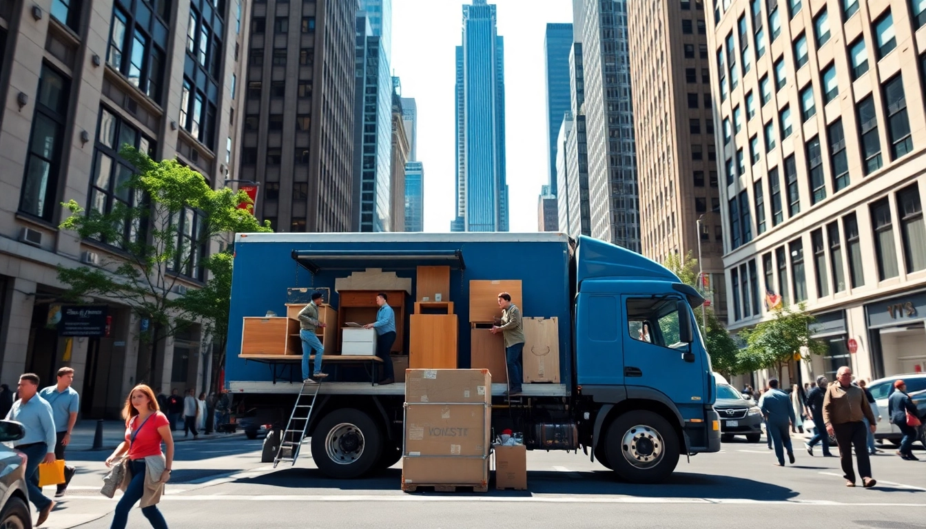 Engaging scene of Cheap movers nyc loading a truck amidst New York City’s vibrant atmosphere.