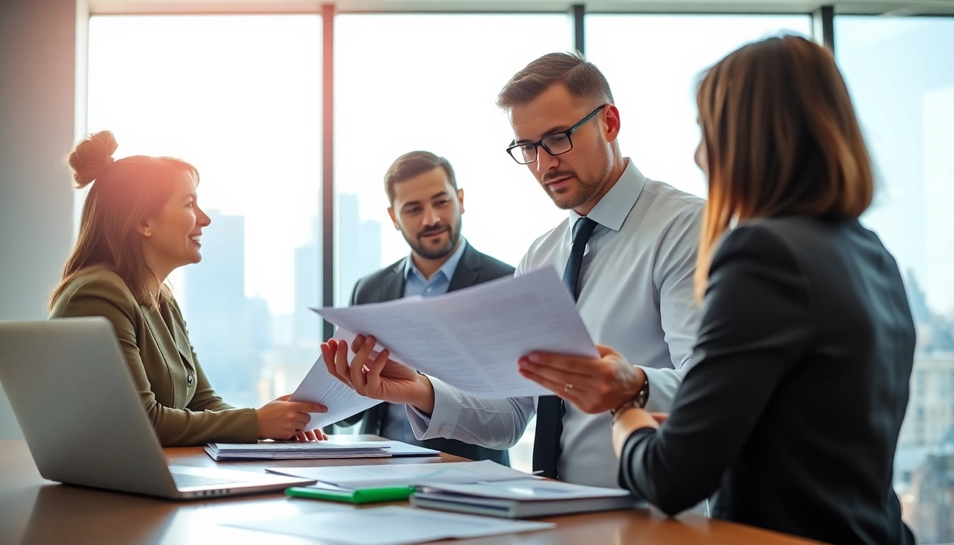 Engaging tax credit broker assisting clients with financial documents in a modern office.