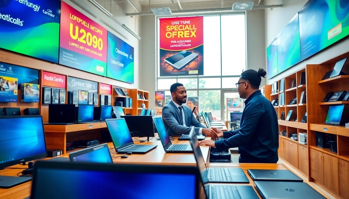 Shop display showcasing various laptops and gadgets in a Computer shop Kenya, enhancing user experience through interactive setups.