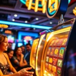 Putar game slot dengan penuh semangat di kasino yang ramai dan berwarna-warni.