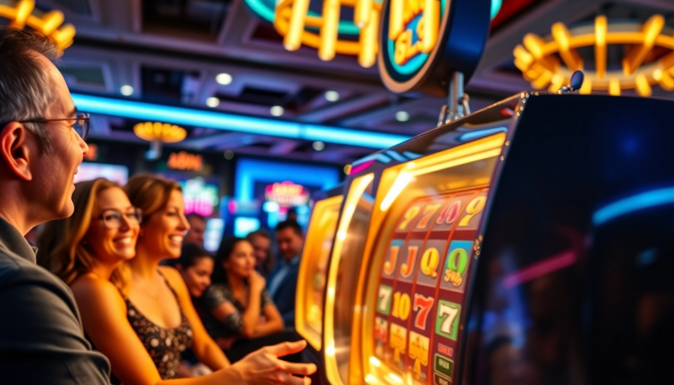 Putar game slot dengan penuh semangat di kasino yang ramai dan berwarna-warni.