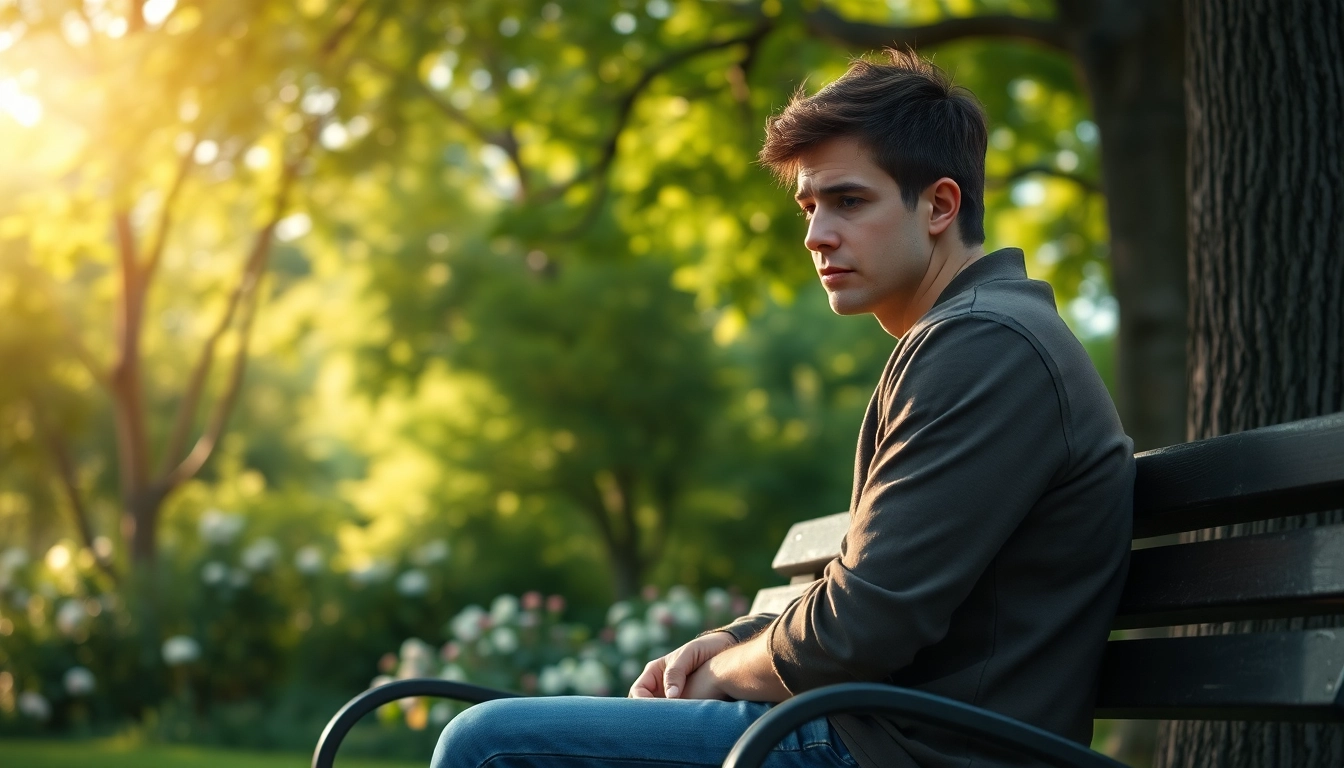 Scene of a person dealing with grief, reflecting peacefully in a serene park environment.