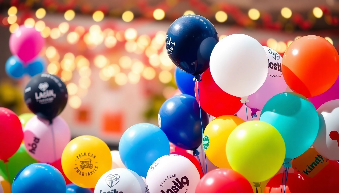 Showcase print balloons in a vibrant event setting, featuring various designs and colors.