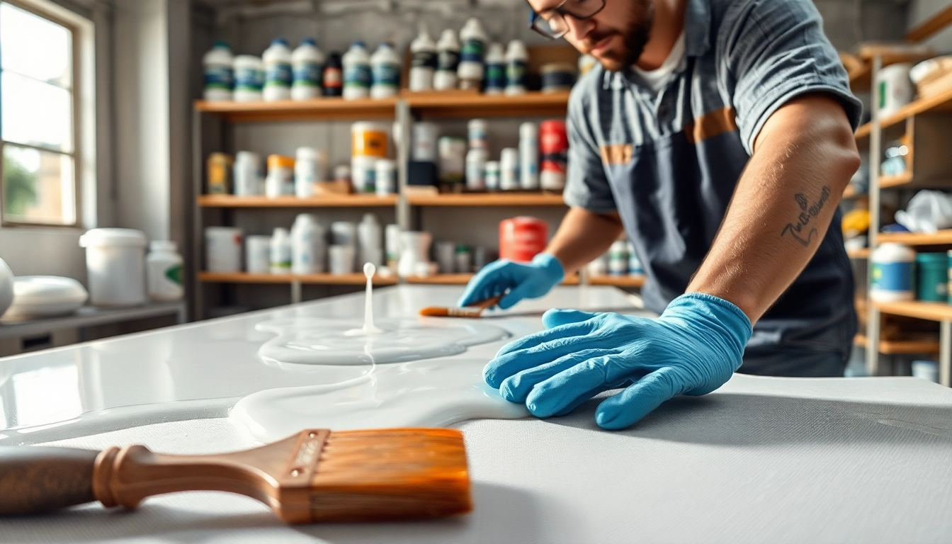 Applying laminating resin meticulously to fiberglass layers in a bright workshop.