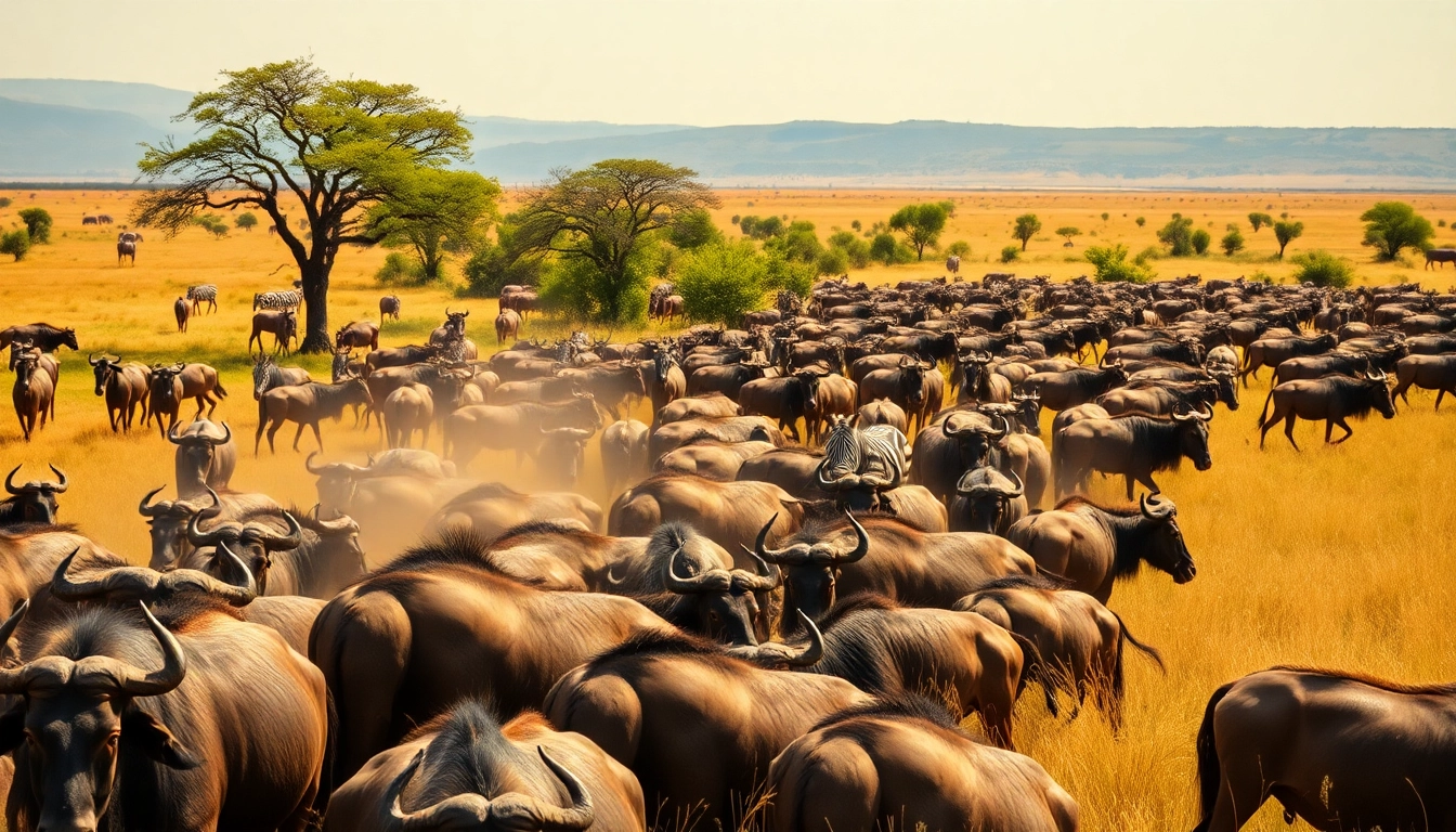 Witness the spectacular Serengeti Wildebeest Migration Safari with herds crossing the plains.