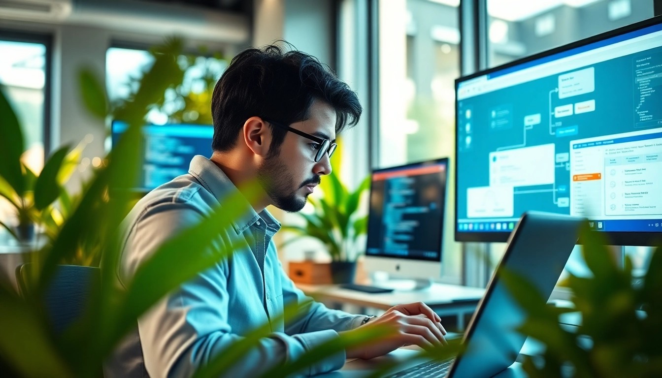 Web development professional coding in a bright, modern office environment.