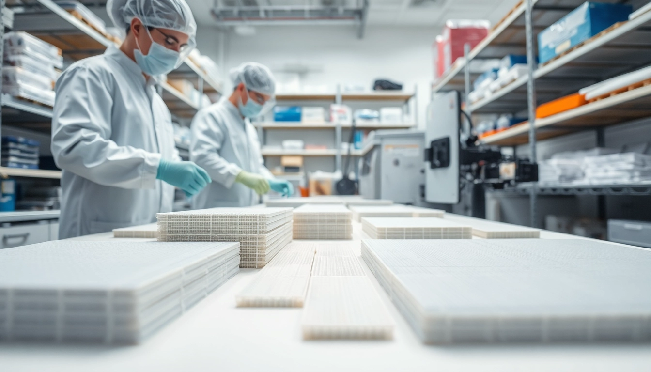 Technicians working with epoxy prepregs in a high-tech laboratory setting.