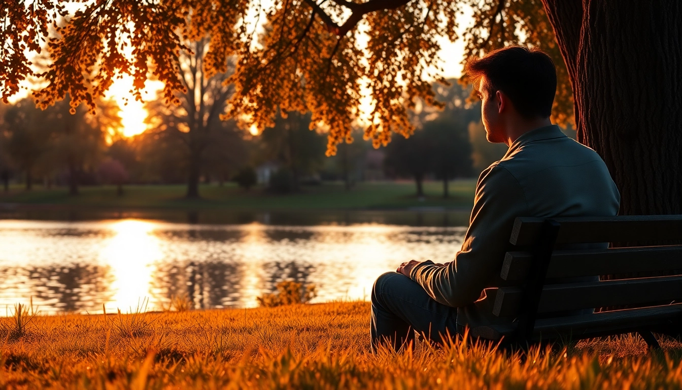 A reflective moment of a person dealing with grief by a serene lake at sunset.