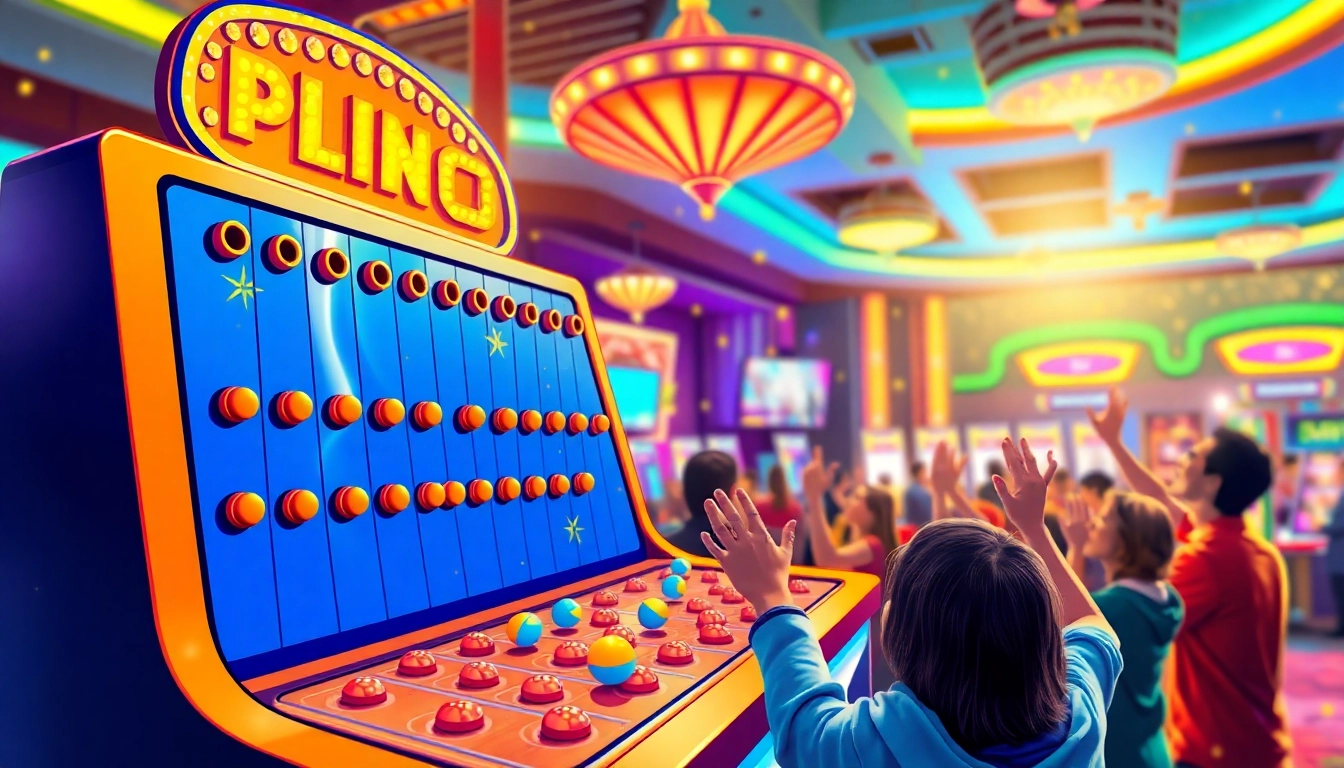 Permainan situs plinko dengan bola jatuh dan suasana kasino yang meriah.
