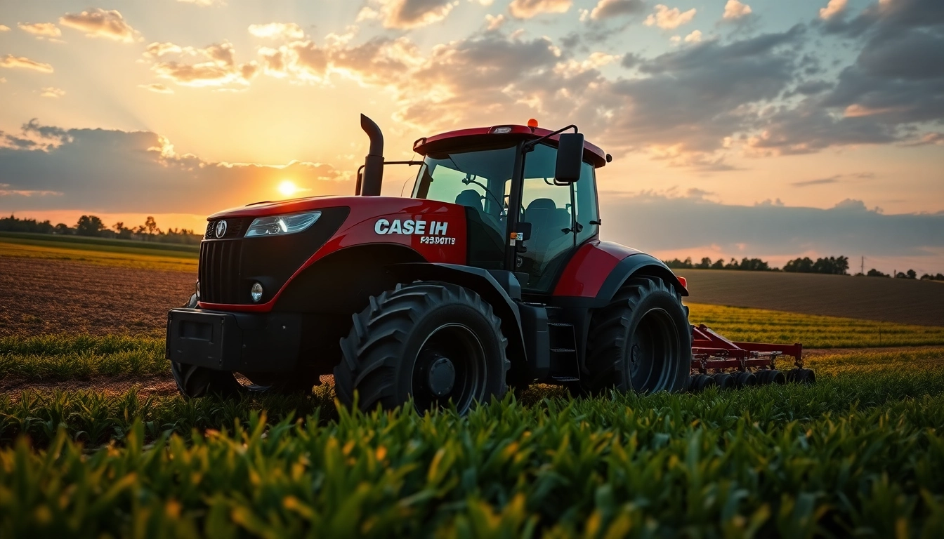 Case-ih Traktor im Einsatz auf einem weitläufigen Feld bei Sonnenuntergang.