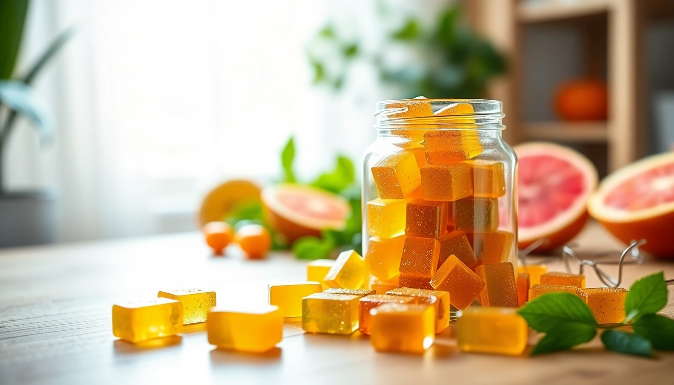 Showcase Collagen pectin gummies in an elegant setting, highlighting natural ingredients and vibrant colors.