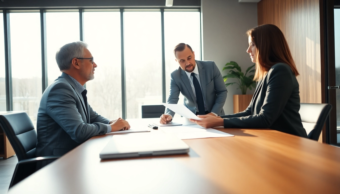 tax preparer assisting a client in a bright office setting with financial documents.