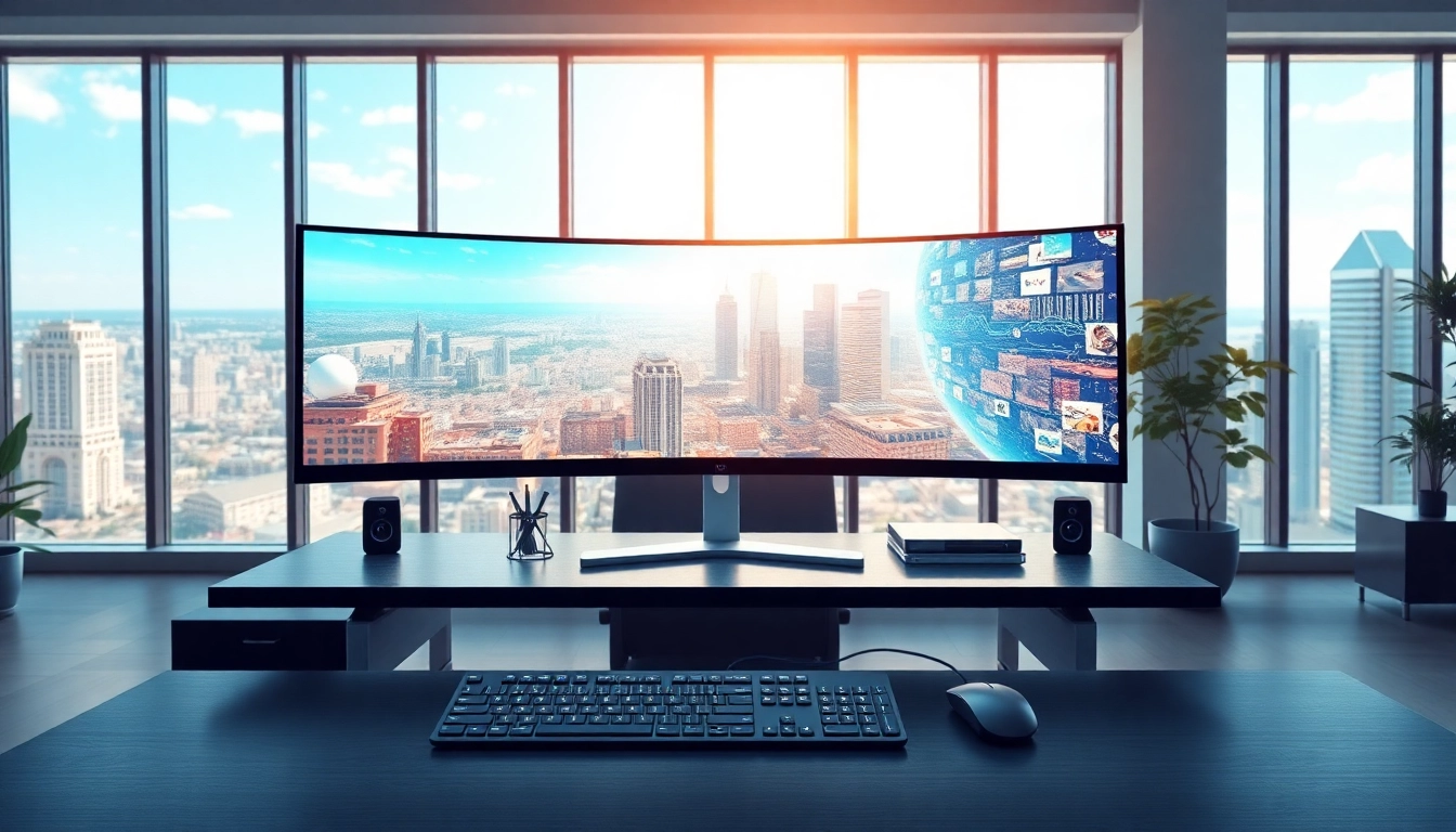 Utilizing a virtual desktop in a modern office setup with a vibrant digital workspace.