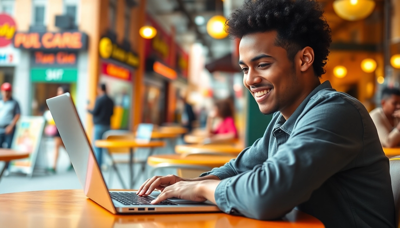 Generate engaging quick side hustles scene with a young adult in a café.