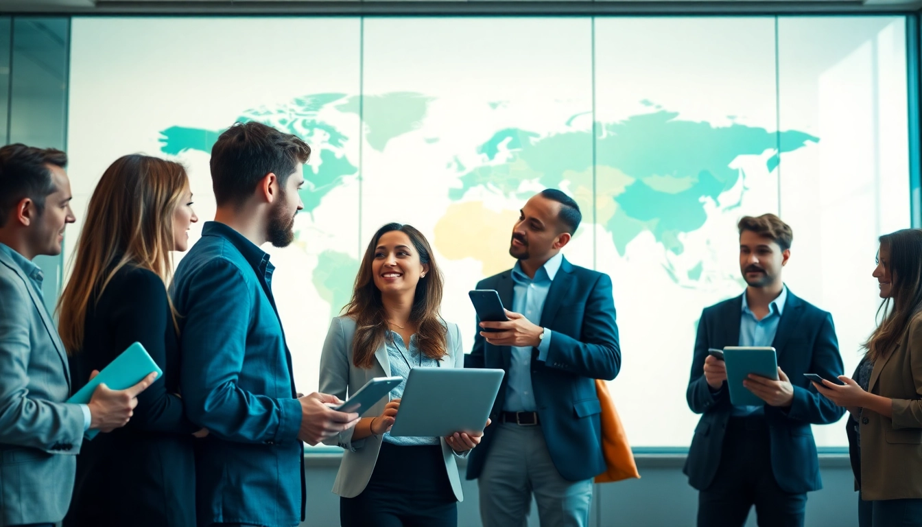 Engaging professionals showcasing a global business directory in a modern office setting.