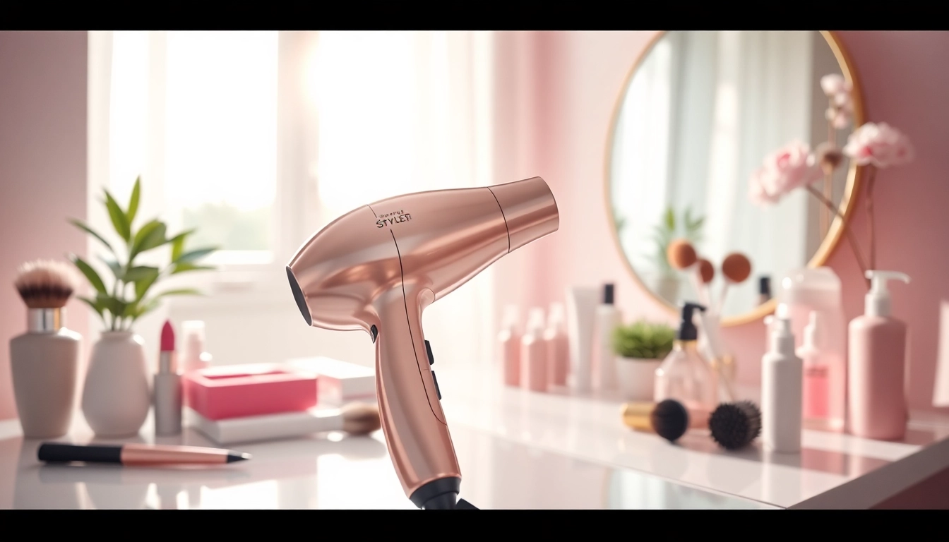 Engaging experience using the Styler hair dryer on a stylish vanity setting.