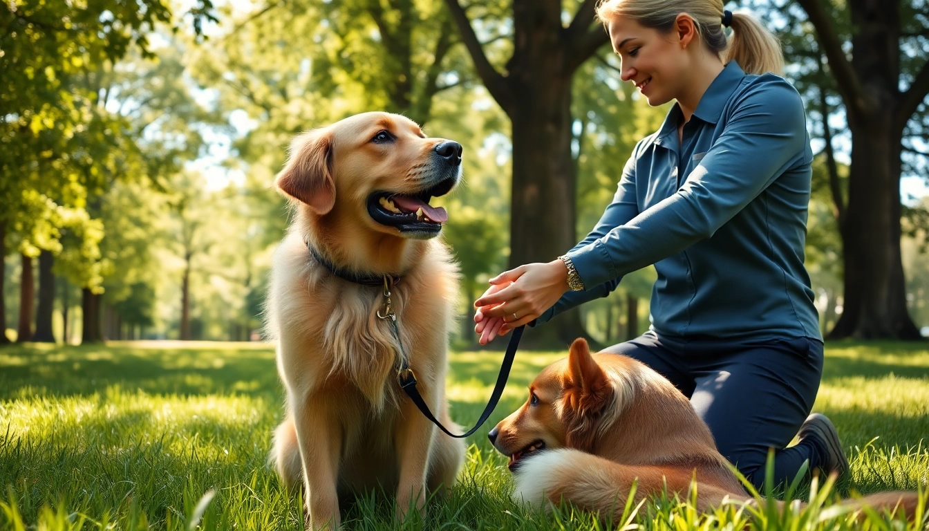 Service dog trainer instructing a golden retriever with positive reinforcement techniques in an outdoor setting.