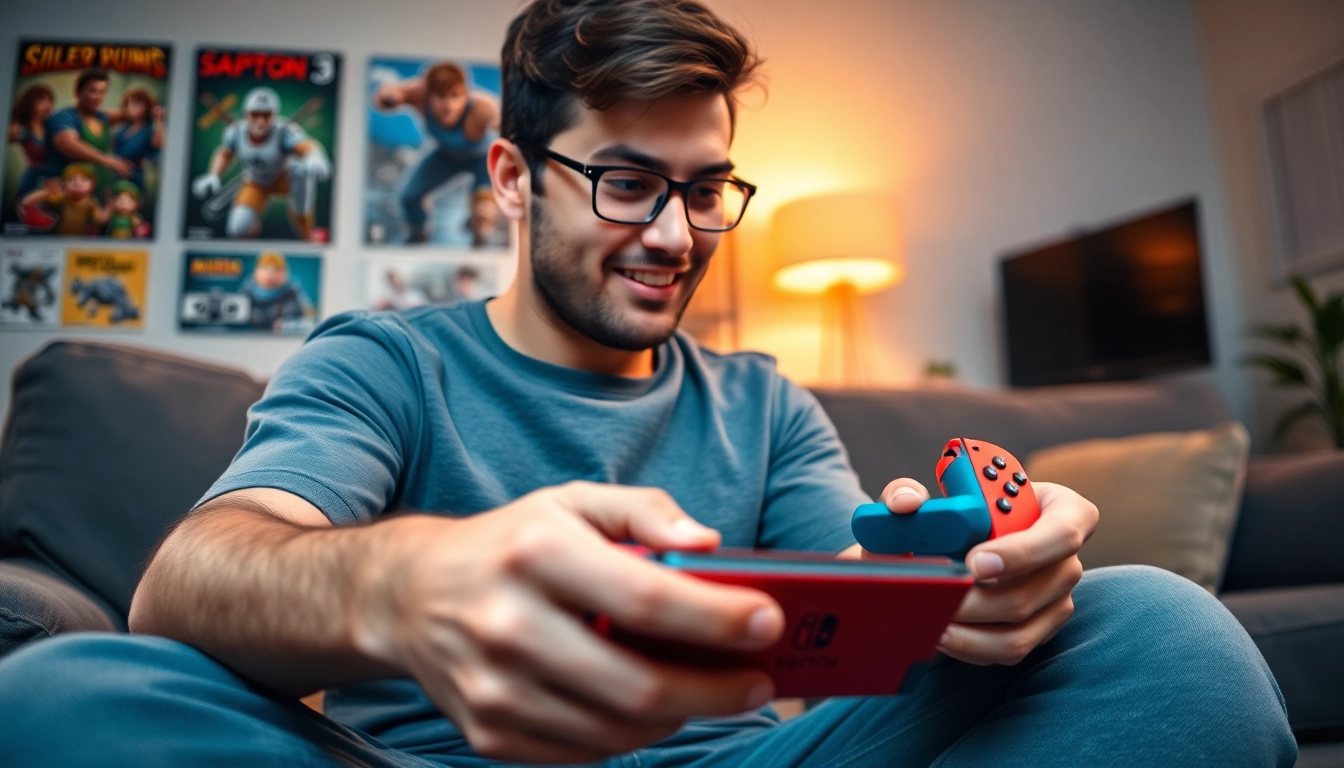 Engaging gamer immersed in Nintendo Switch games with an inviting ambiance.