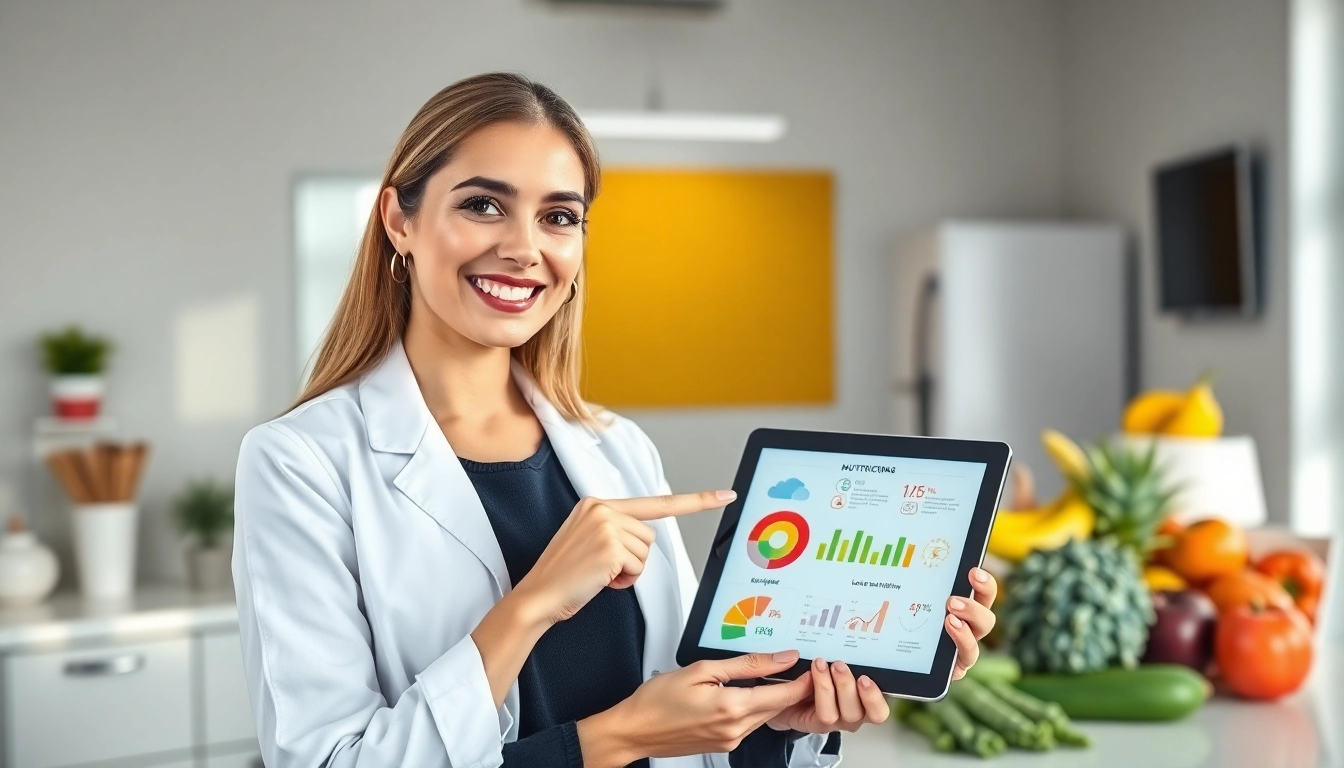 Engaging nutritionist with a low calorie plan, showcasing fresh ingredients and wellness.