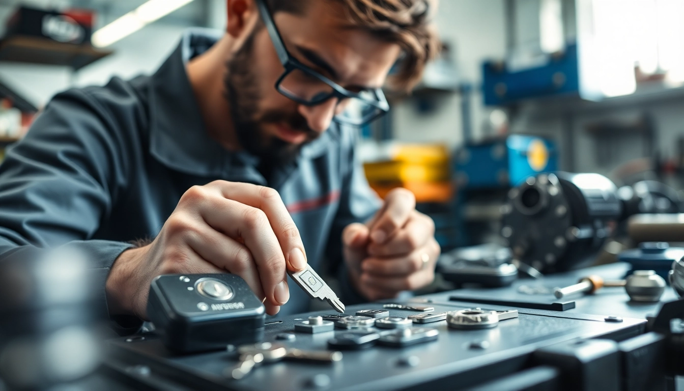 Replacing car keys with a professional locksmith in a well-lit automotive workshop.
