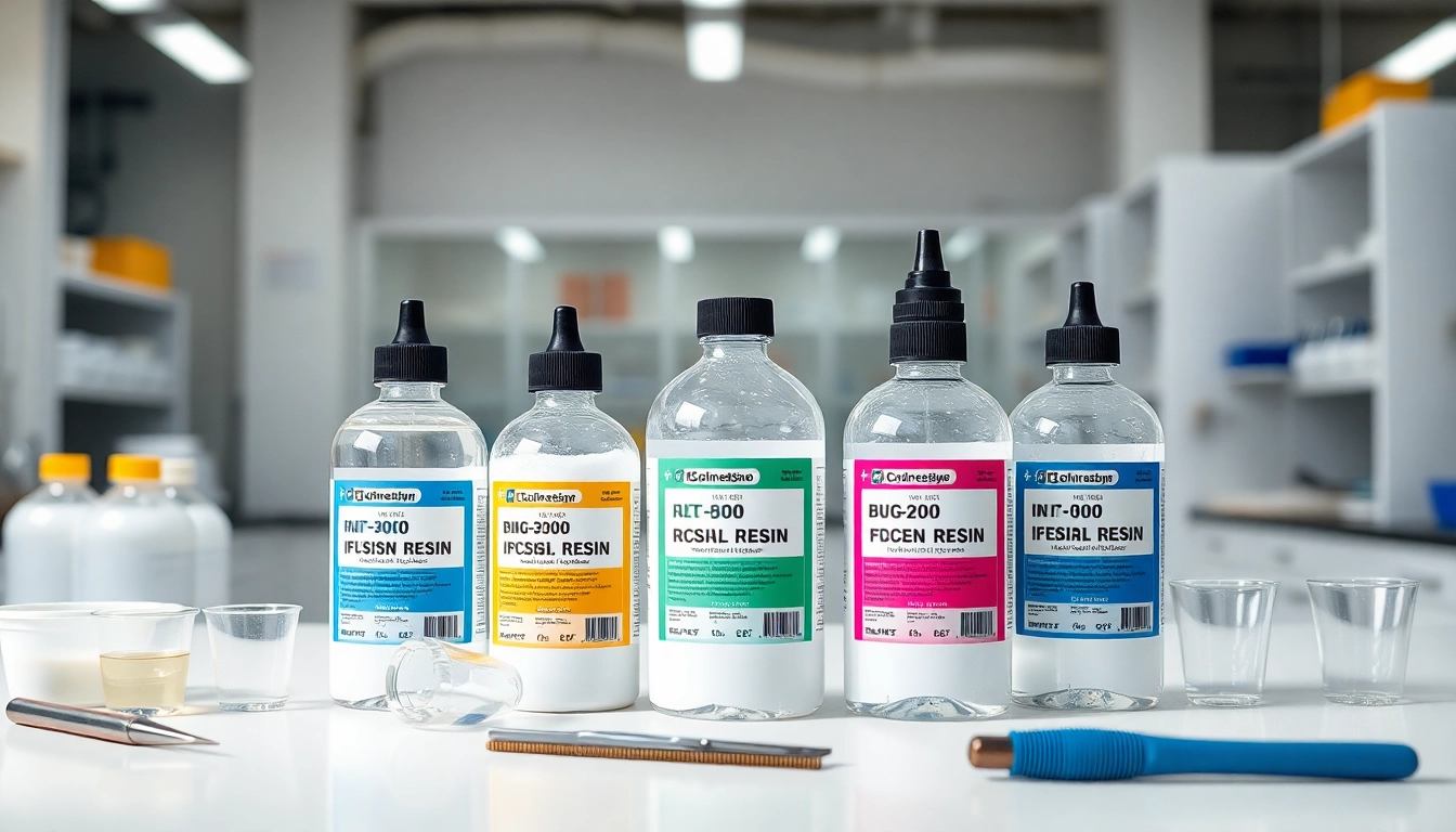 Showcasing infusion resins in a professional lab environment with clear bottles and tools.