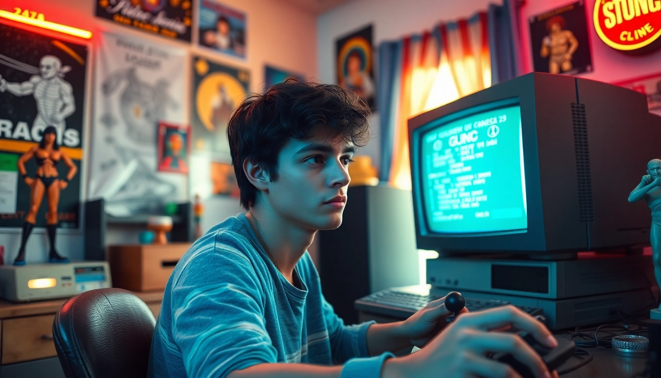 Engaging gamer plays DOS games at a retro gaming station showcasing nostalgia.