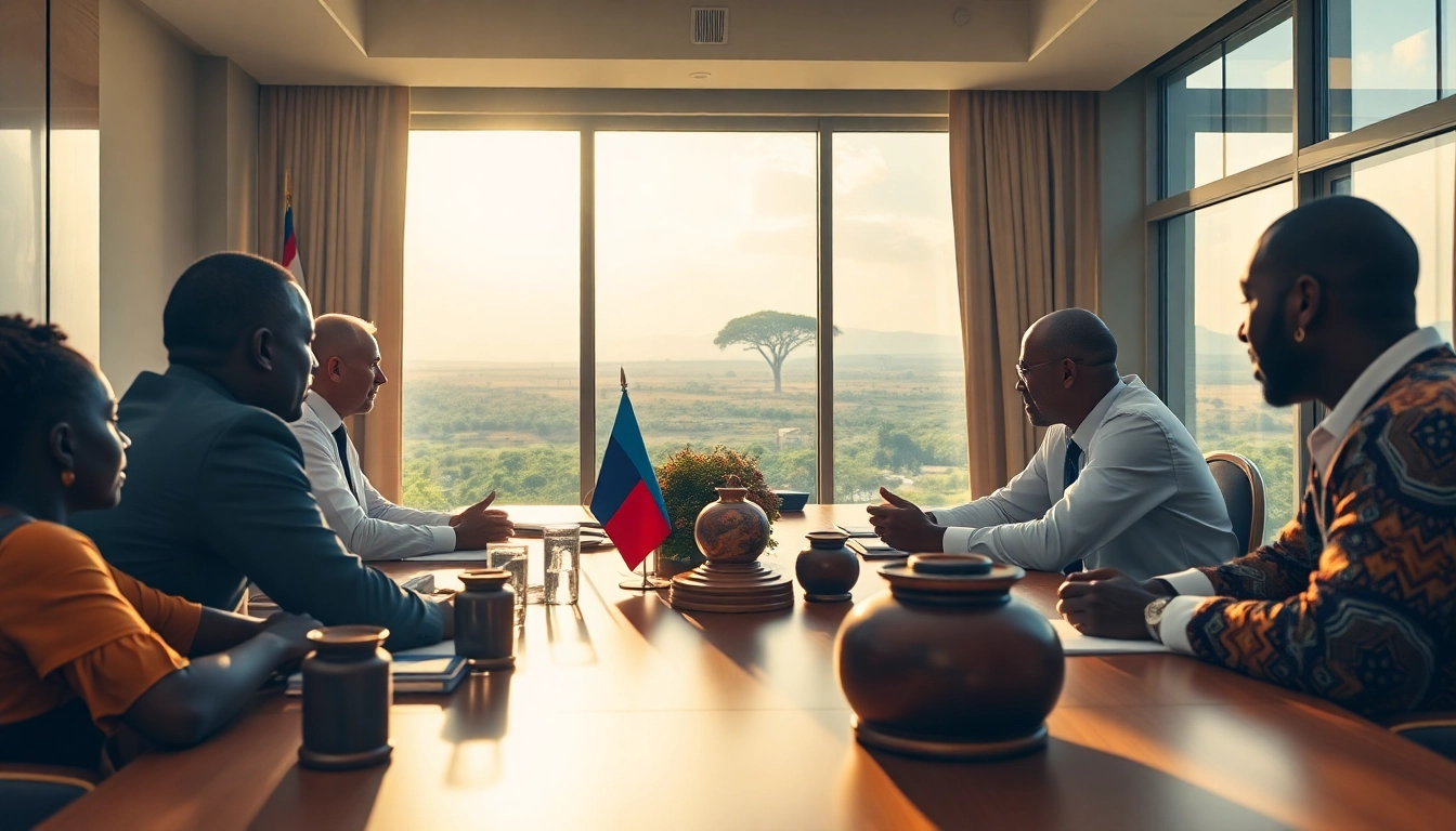 Showcasing Russian influence in Africa, diplomats engage in discussions within a sunlit conference room.