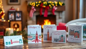 Showcasing festive Xmas cards London featuring iconic designs and holiday motifs.