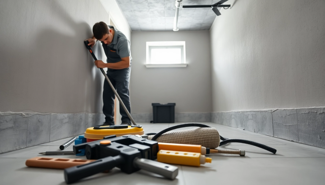 Technician from basement waterproofing company Geneva applying a protective sealant in a well-lit basement.