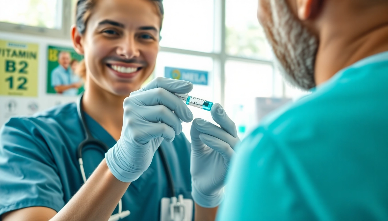 Administering a cyanocobalamin injection in a healthcare setting with a focused doctor.