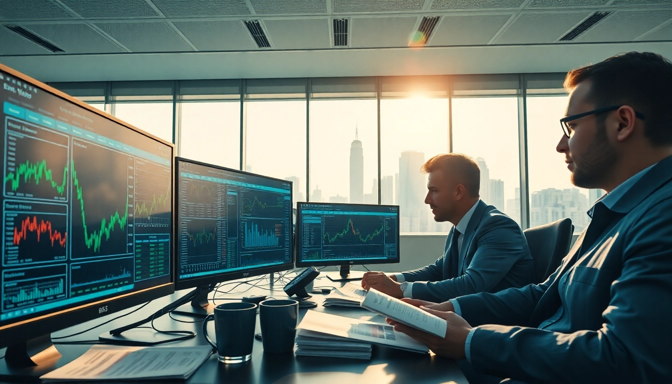 Retail traders engaged in market analysis with multiple screens showcasing dynamic financial data.