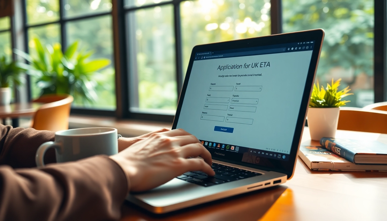 Complete your uk eta online application effortlessly at a café with a laptop and coffee.