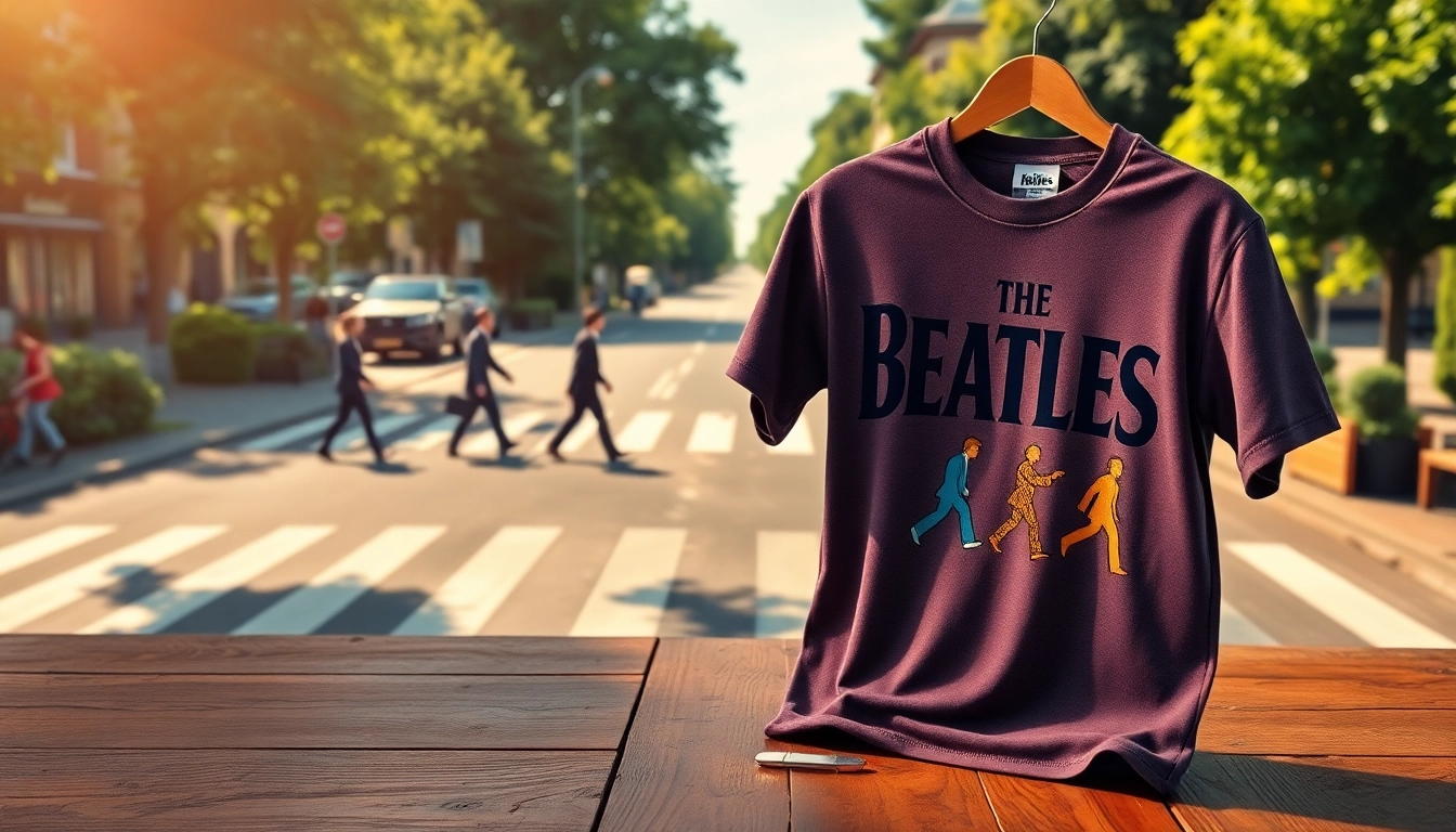 Show a vibrant beatles abbey road shirt on a table, with Abbey Road as the backdrop.