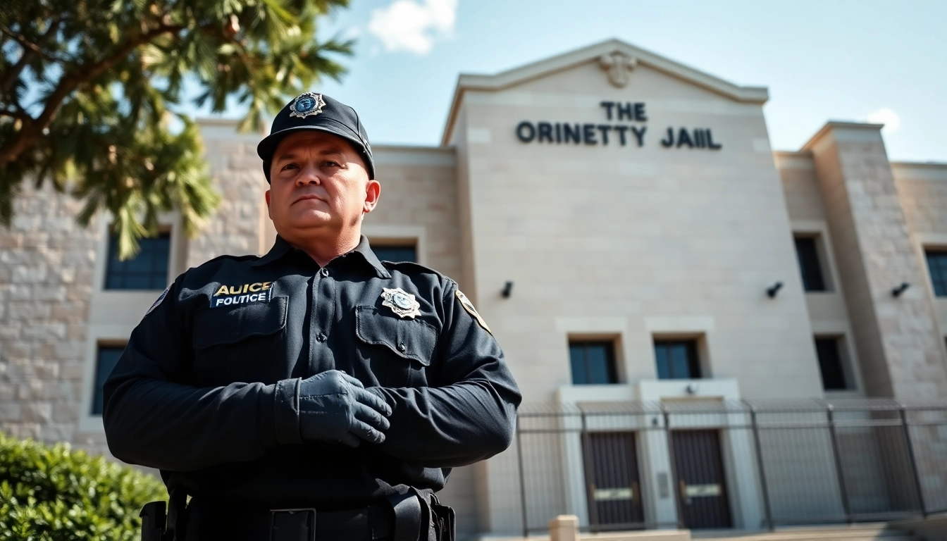 Guarding the Orange County Jail, a police officer stands in front of the facility.