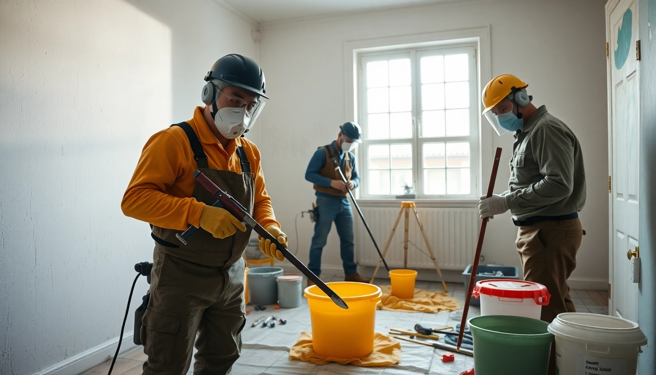 Efficiency of lead paint removal demonstrated by professionals in protective gear.
