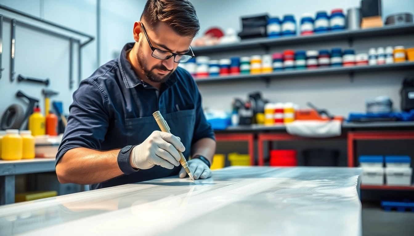 Applying laminating resin in a workshop, emphasizing expert craftsmanship and detail.