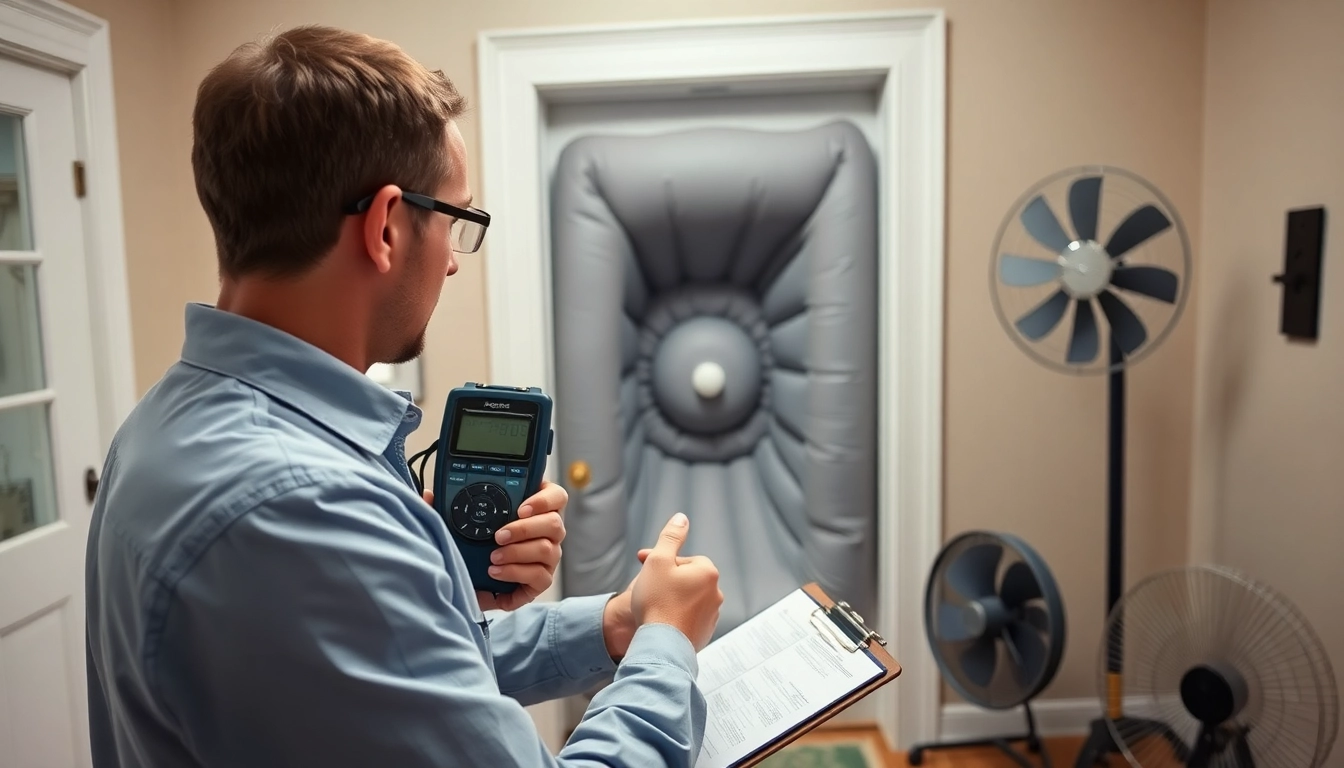 Blower door test companies showcase a technician measuring air leakage in a home.