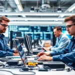 Technicians delivering expert computer services in a modern tech workspace with advanced equipment.