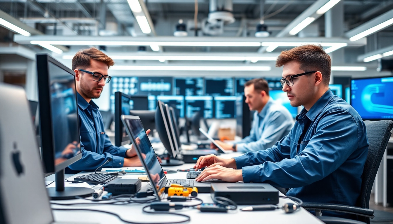 Technicians delivering expert computer services in a modern tech workspace with advanced equipment.