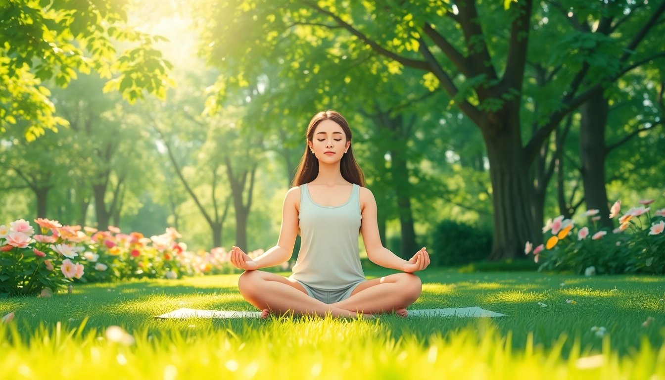 Practicing mindfulness techniques for dealing with stress in a tranquil park setting.